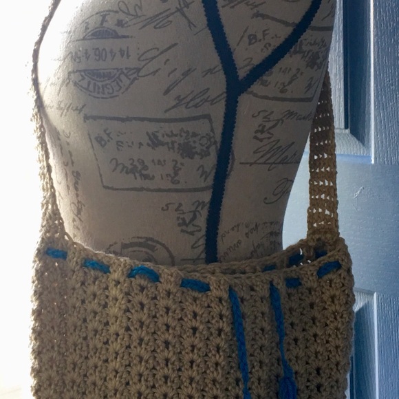 Handmade blue and tan drawstring tote bag - Picture 5 of 5